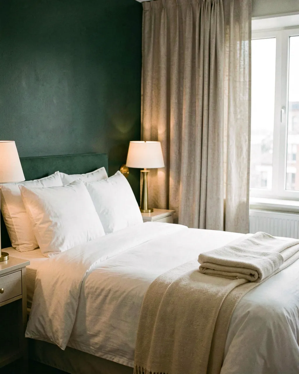 A hotel-standard bedroom with crisp white linen and brass bedside lamps
