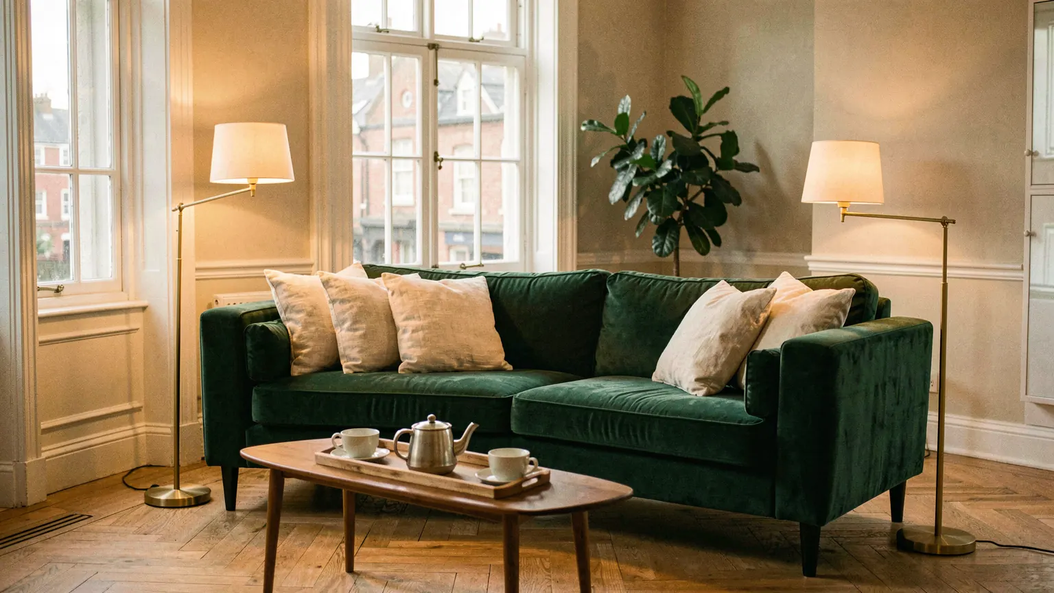 A calm, furnished living room in a Birmingham serviced apartment at golden hour